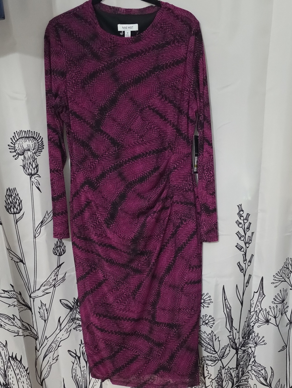 Nine West Magenta and Black Printed Long Sleeve Sheath Dress